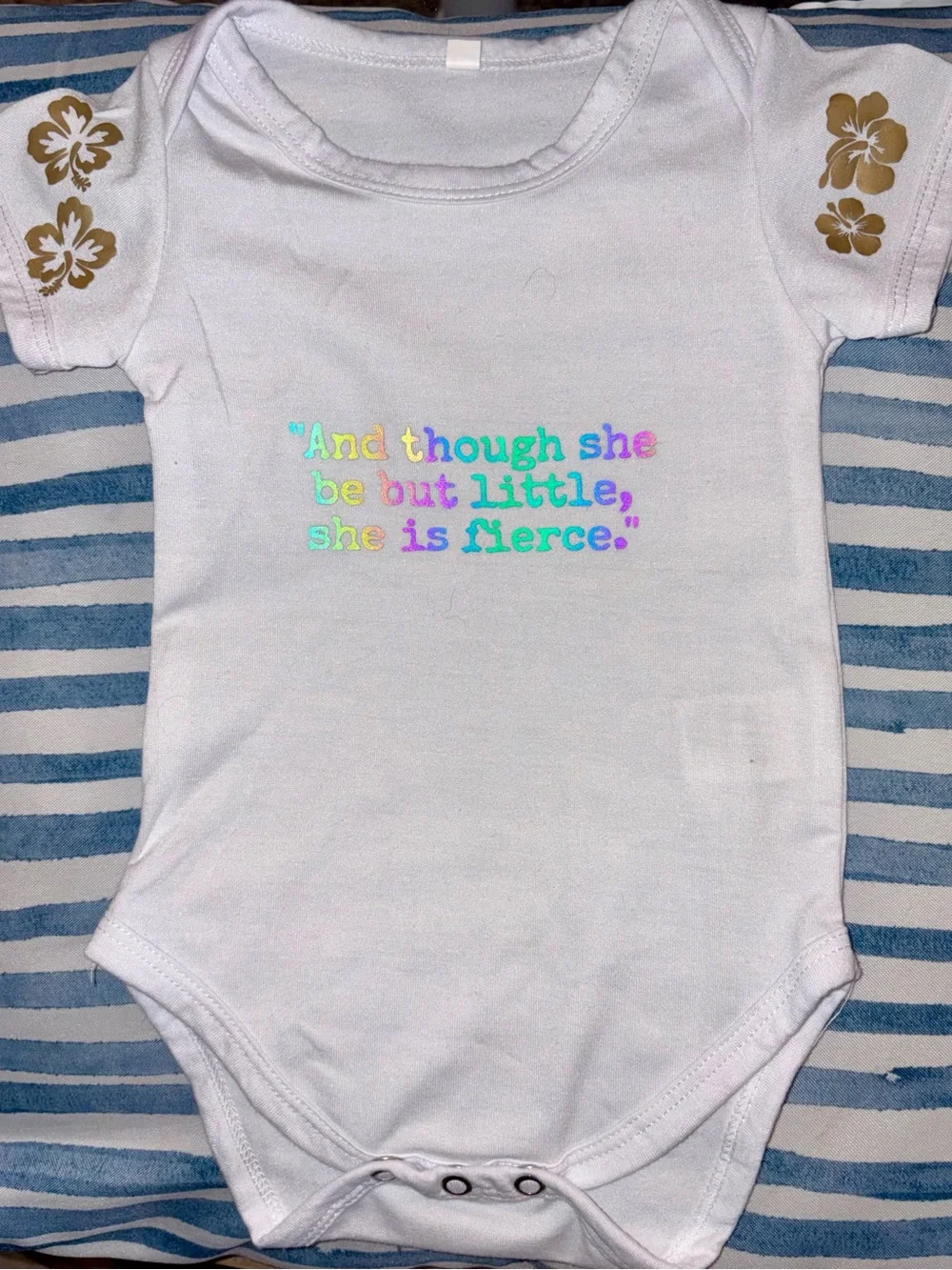 White Baby Bodysuit with Rainbow Quote and Gold Floral Sleeves